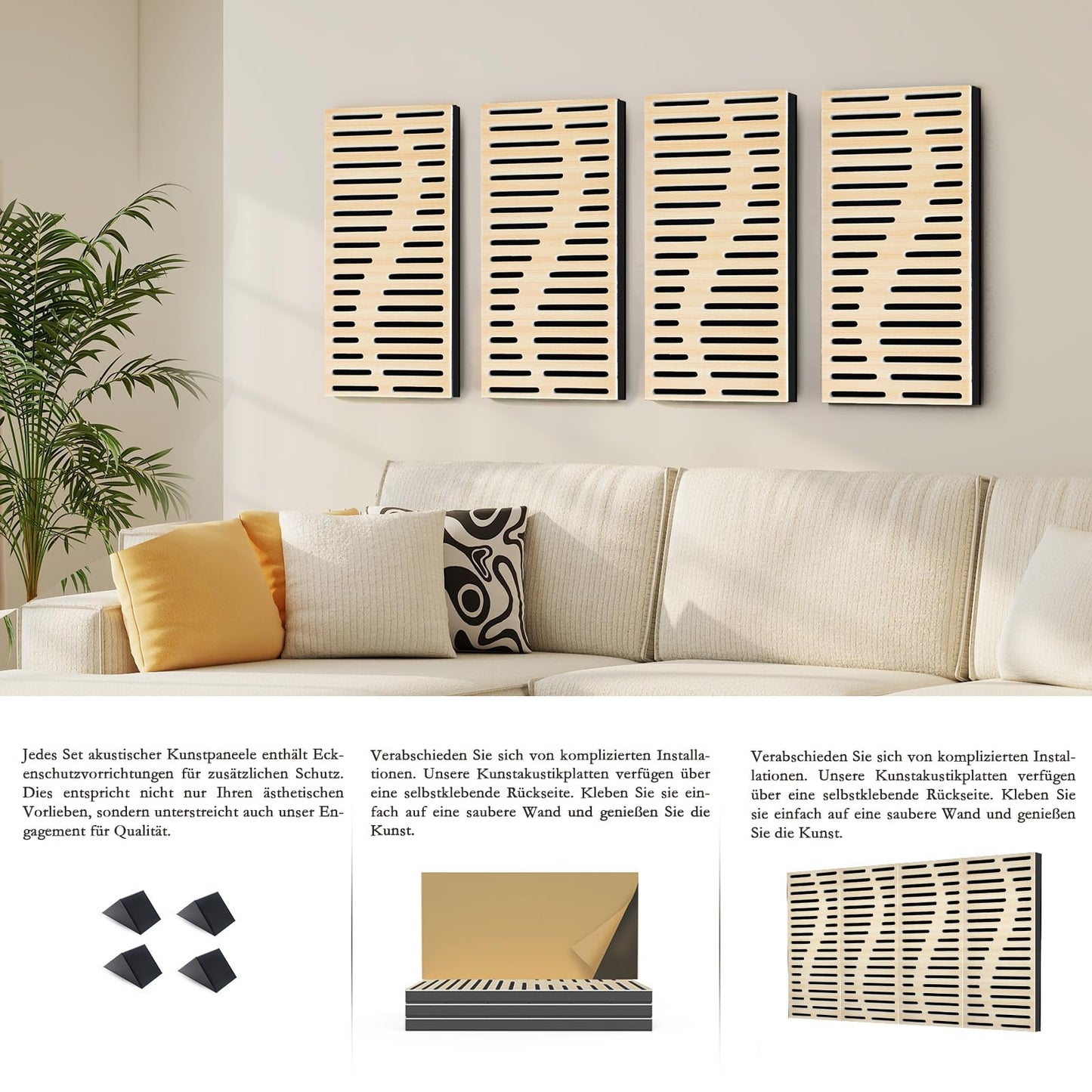 4Pack Acoustic Wall Panel Self-Adhesive Soundproof Foam Panels for Wall, 3D Perforated Tri-Layer Polyester Fiber Decorative Acoustic Insulation for Recording Studio, Office, 24×12×1.78", Regular-Line