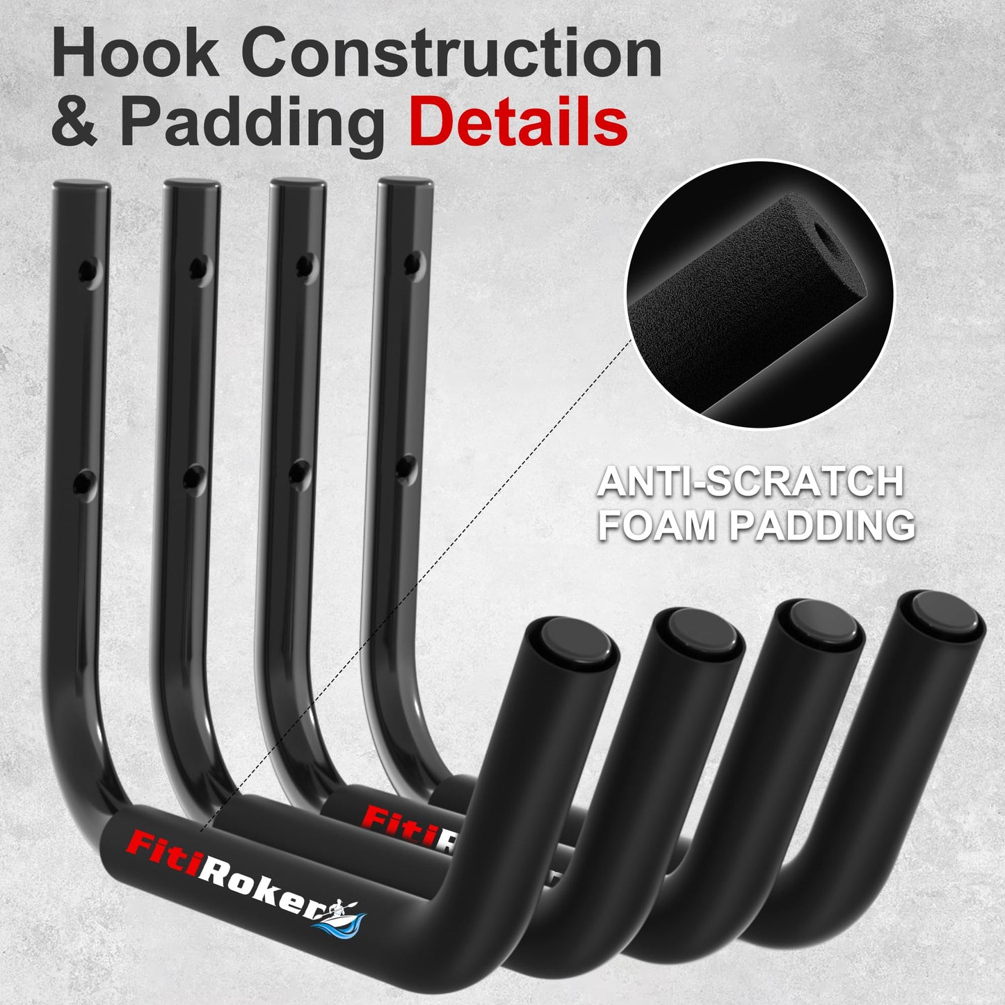 FitiRoker Kayak Storage Rack – 100LB Wall Mounted Kayak Hook with EVA Padding | Kayak Wall Mount & Kayak Rack for Garage | Garage Storage Hooks for Canoes, Paddle Boards, Ladders, Bikes (Round Tube)