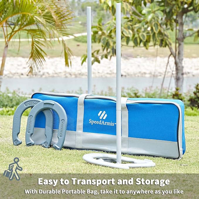 Horseshoes Outside Game Set - Universal Size Lawn Horseshoes Outdoor Games for Parties Beach Backyard, Includes 4 Horseshoes, 2 Steel Stakes and Durable Carrying Bag