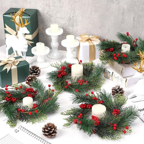 Knitgrip Mini Christmas Candle Rings - 4 Pcs Red Berry Pinecone Wreaths for Holiday Decor | Table Centerpiece