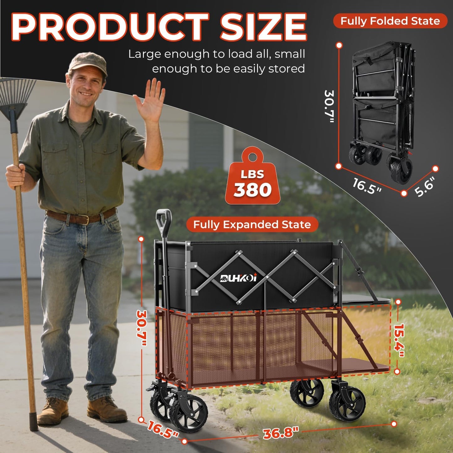DUHKOI Double Decker Collapsible Wagon with Brakes, Folding Utility Cart with Big All-Terrain Wheels, 2-Tier Wagon for Camping Gear, Sports, Groceries, Shopping, Garden & Outdoor Use