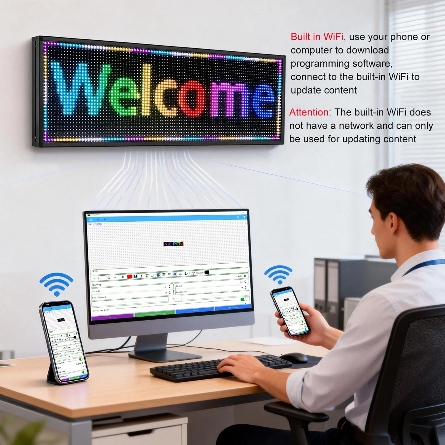 JINBLIZZARD P10 Programmable Scrolling Custom Outdoor Led Sign For Business Digital Advertising Display Screen Matrix Panel WiFi Control Electronic Message Board Store Neon Marquee 77"×14"