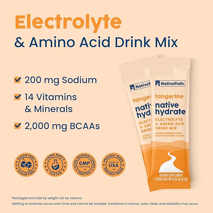 NativePath Native Hydrate Stick Packs, Sugar Free Electrolytes Powder with BCAAs, Tangerine Hydration, Keto & Paleo Friendly, 30 Servings
