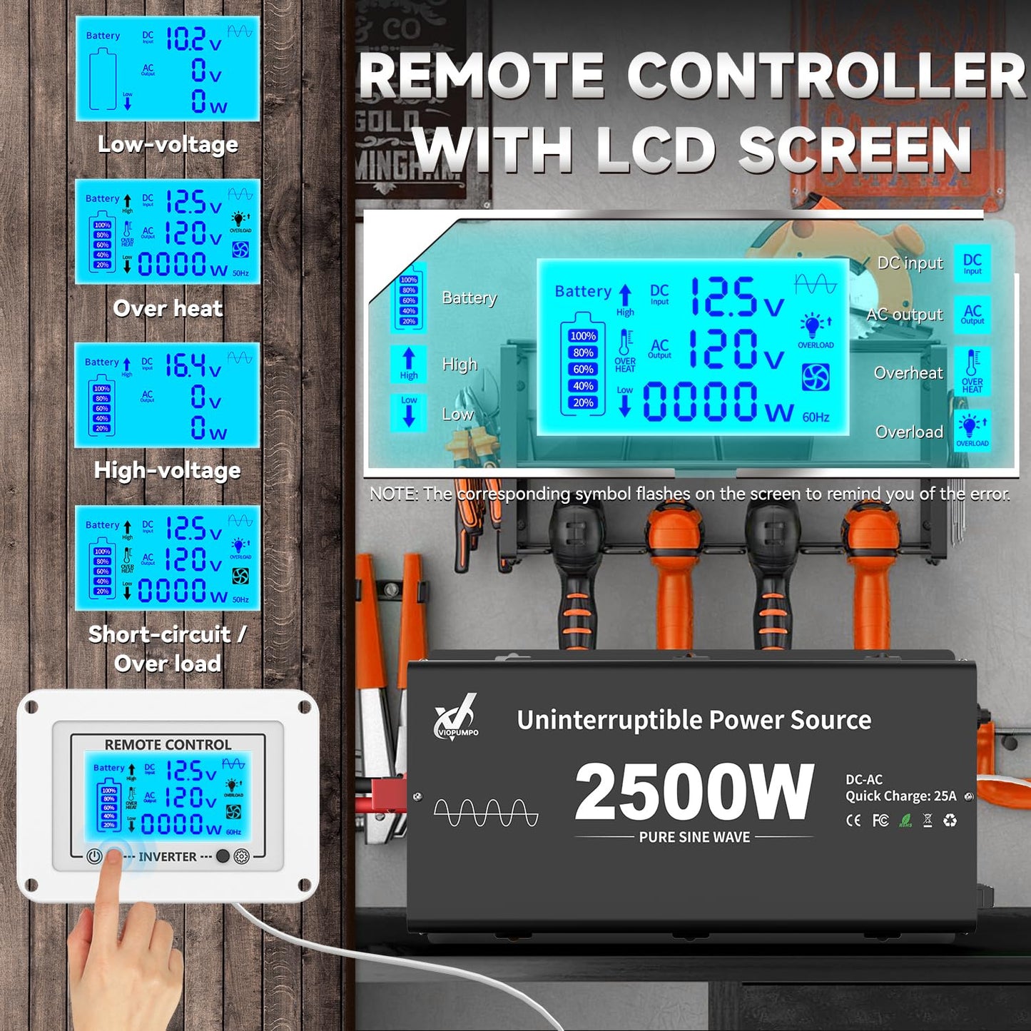 2500 Watt Sump Pump Battery Backup System, Pure Sine Wave Output, Professional Backup System in The Event of a Power Outage, Remote Controller with LCD Screen, Automatic Grid and Battery Switchover