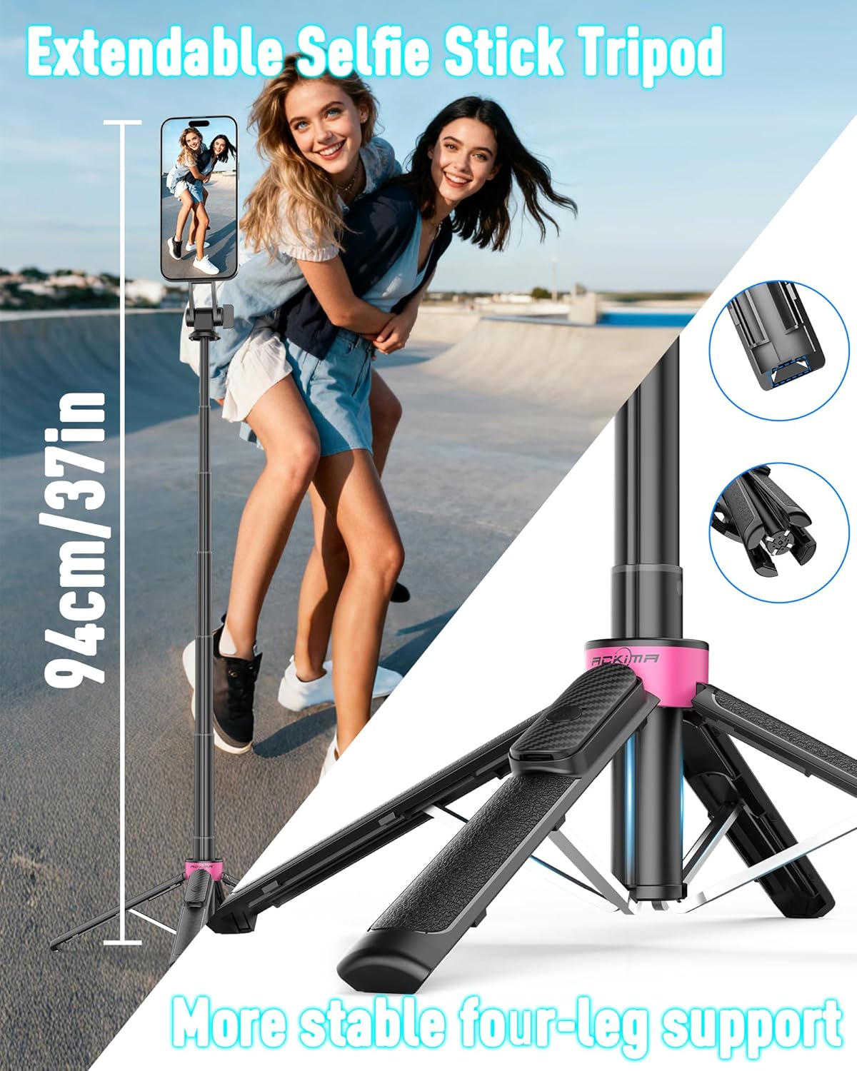 ACKIMA 37'' Magnetic Tripod for iPhone, Portable Selfie Stick with Remote, Four-Leg Support Cellphone Stand