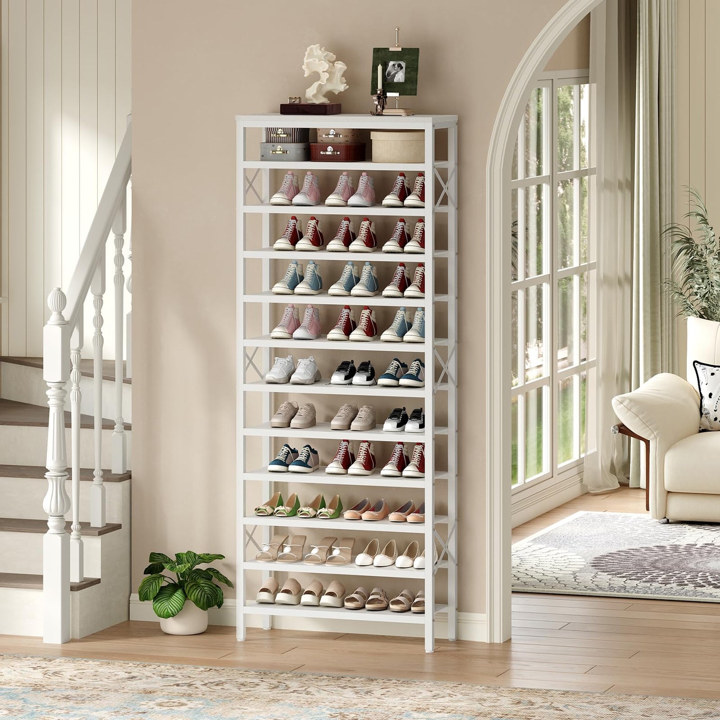 YATINEY 10-Tier Tall Shoe Rack and 12-Tier Tall Shoe Rack Organizer, Wooden Shoe Storage for Closet Holds 48 Pairs, Sturdy Shoe Shelf with X-Shaped Metal Support, for Entryway SS210BR-SS212WW