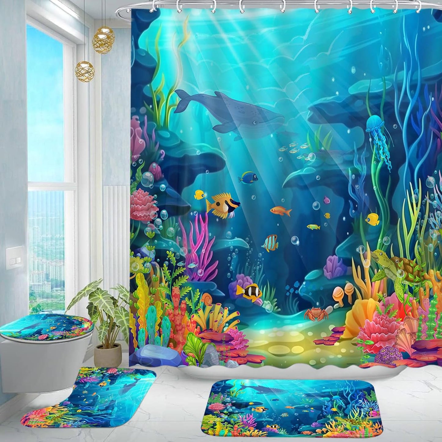 Skiennix 4-Piece Ocean Shower Curtain Set - Tropical Underwater Kids Decor with Non-Slip Bath Rugs & Toilet Lid Cover