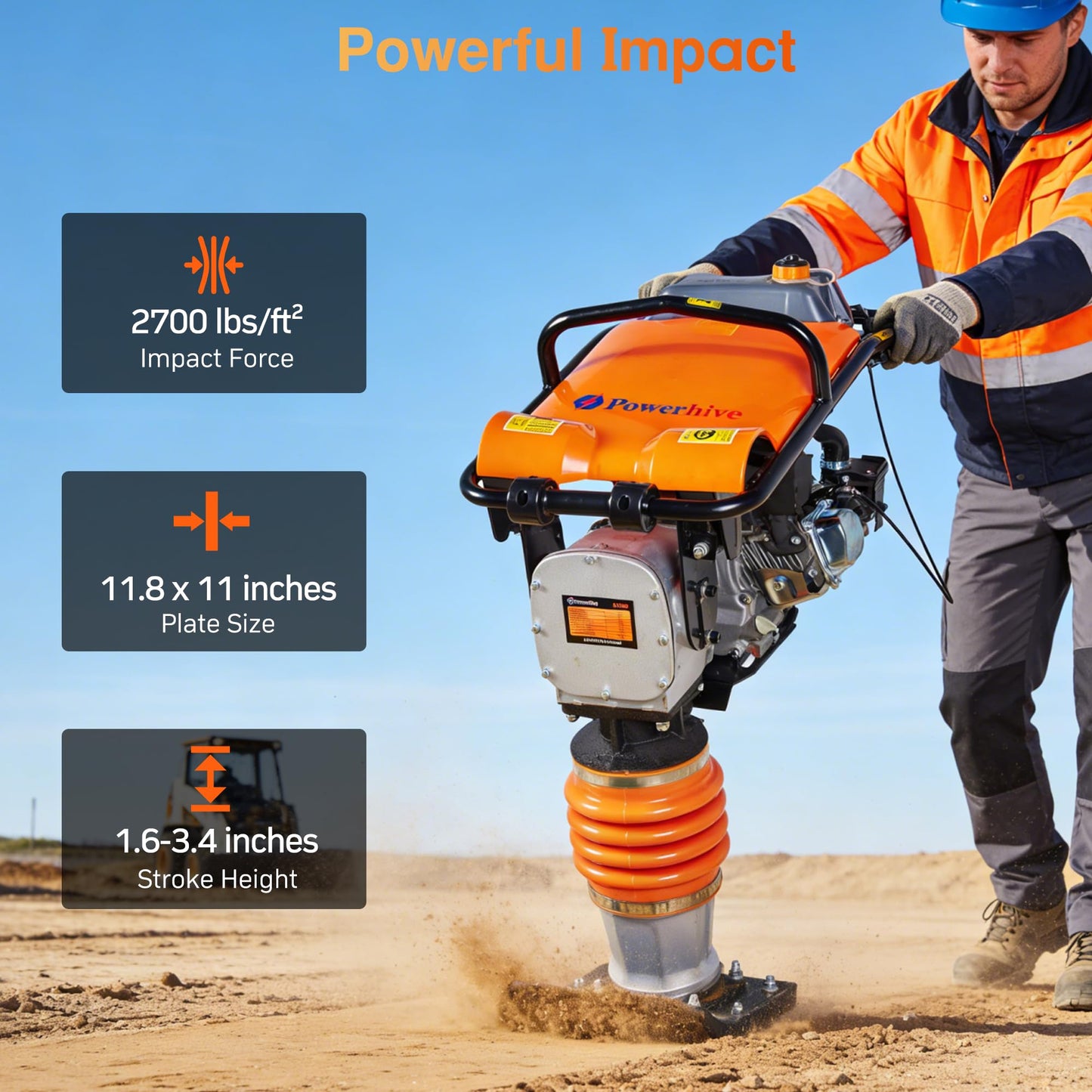 Powerhive Jumping Jack Compactor 6.5 HP 196cc 4 Stroke Gas Engine 2700 lbs Impact Force for Soil, Gravel, Footings, Concrete Slabs, and Foundations