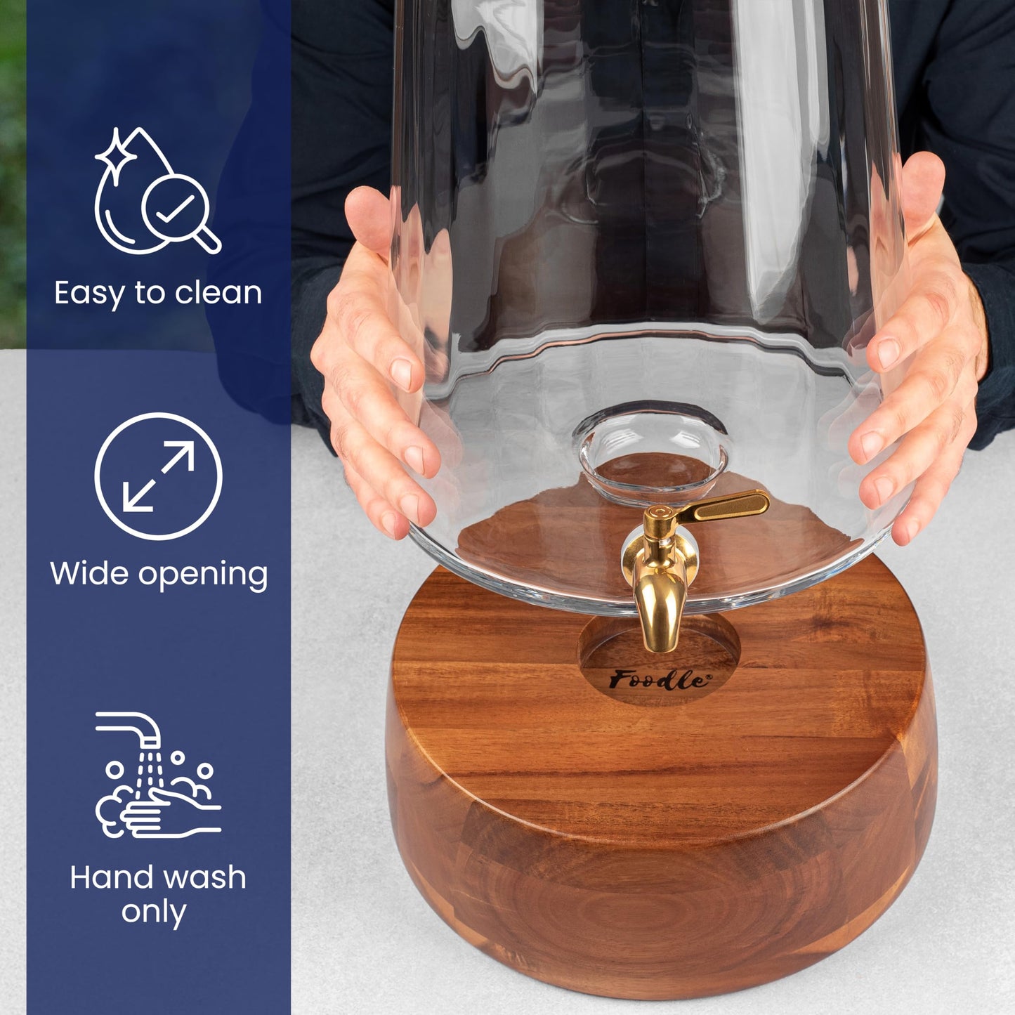 FOODLE Extra Large Glass Drink Dispenser with Spigot - Glass Beverage Dispenser with Stand - Perfect for Parties & Catering - Pitcher for Lemonade, Water, Sangria & Juice - Leakproof Spout - 3 Gallon