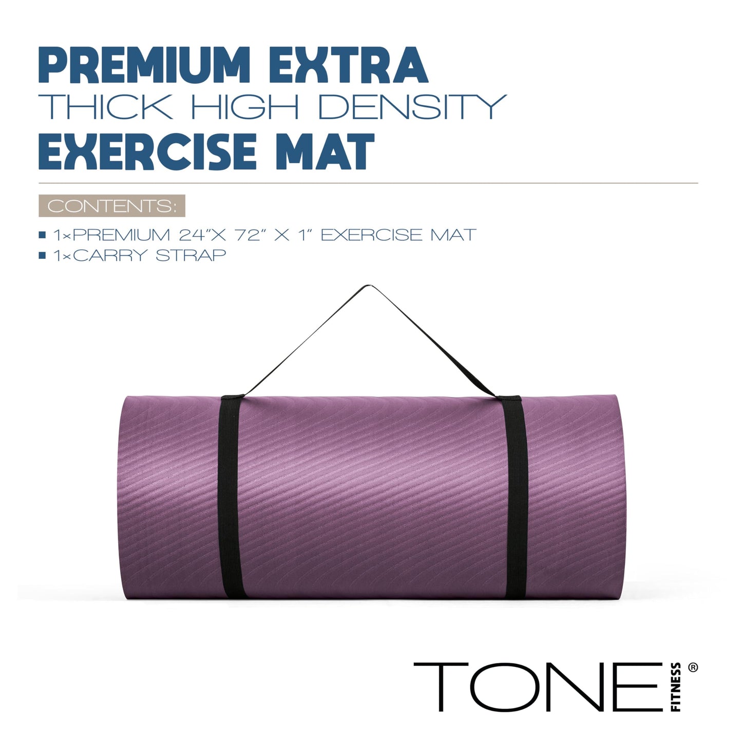 TONE Fitness Premium Extra Thick 1-Inch High Density Exercise Mat with Carry Strap – Non-Slip Workout, Pilates, and Yoga Mat for Home Gym - Color Purple - Wave Pattern