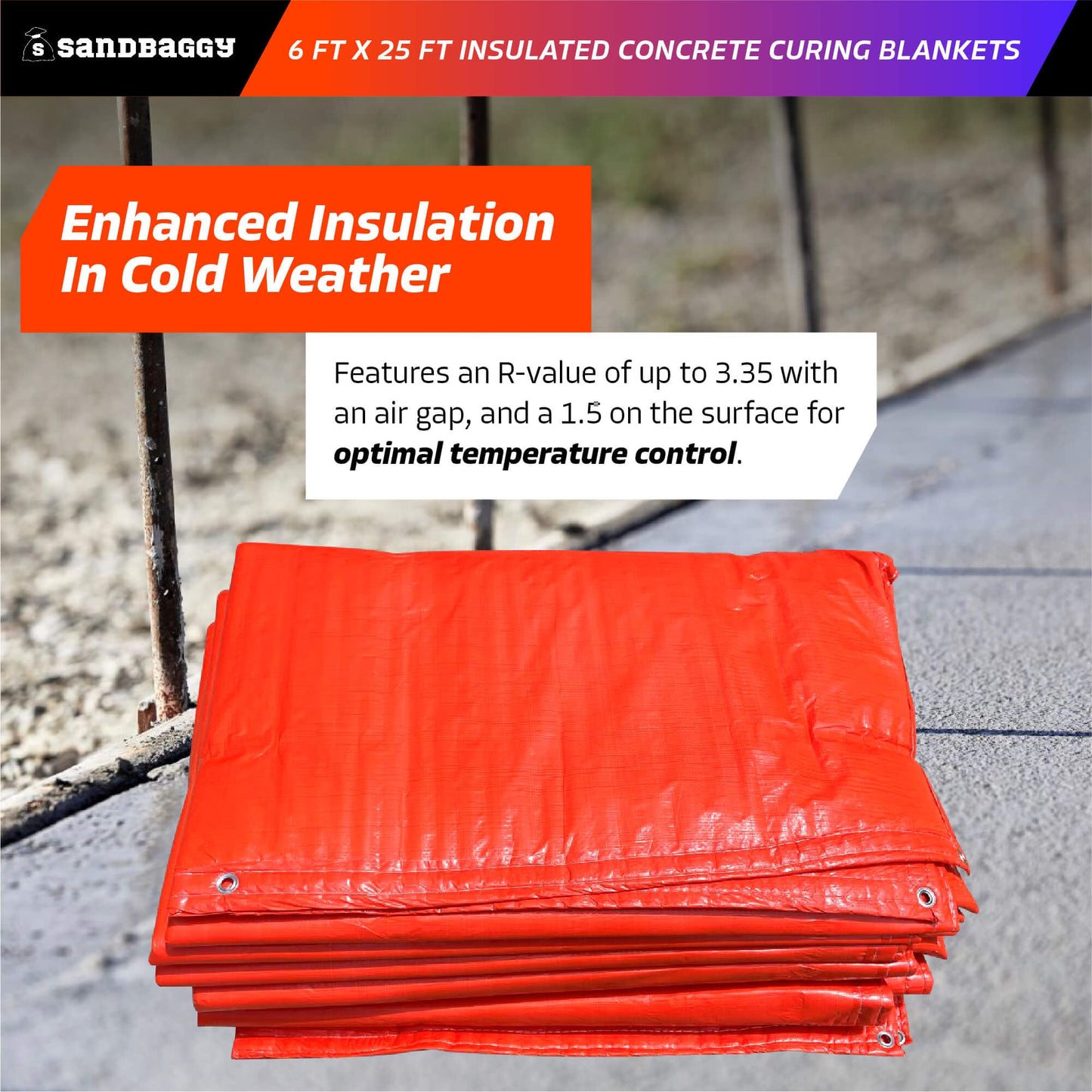 Sandbaggy Concrete Blankets Insulated 6 ft x25 ft with Grommets (max R-Value 3.35) - Waterproof, UV Resistant - Concrete Curing Tarp, Cement (2, 6 ft x 25 ft)