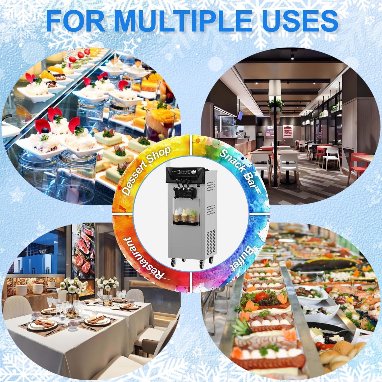 Commercial Soft Serve Ice Cream Machine 2200W, 5.8-8 Gal/Hr Yield, 2+1 Flavor with 2x7L Hopper & 3 Dispensers, Auto Clean & LCD Display for Restaurant Bars