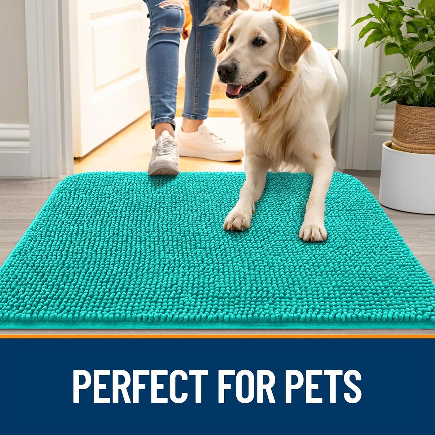 OLANLY Dog Door Mat - Absorbent Non-Slip Chenille Mat for Muddy Paws | Quick Dry 59x24, Teal