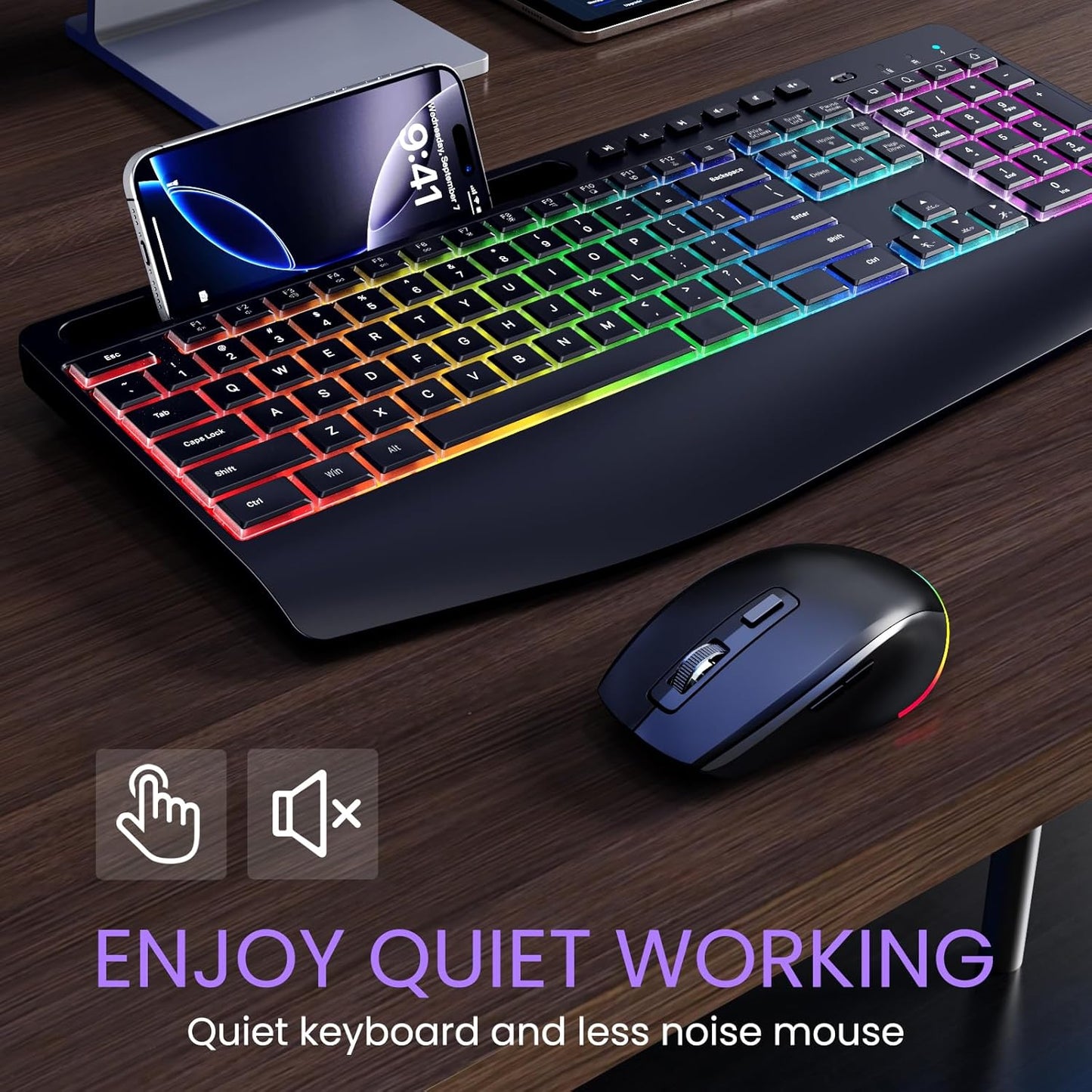 VEILZOR 2.4G 9 Set Wireless Keyboard and Mouse Combo- Rechargeable Keyboard with Phone Holder, Ergonomic Wrist Rest