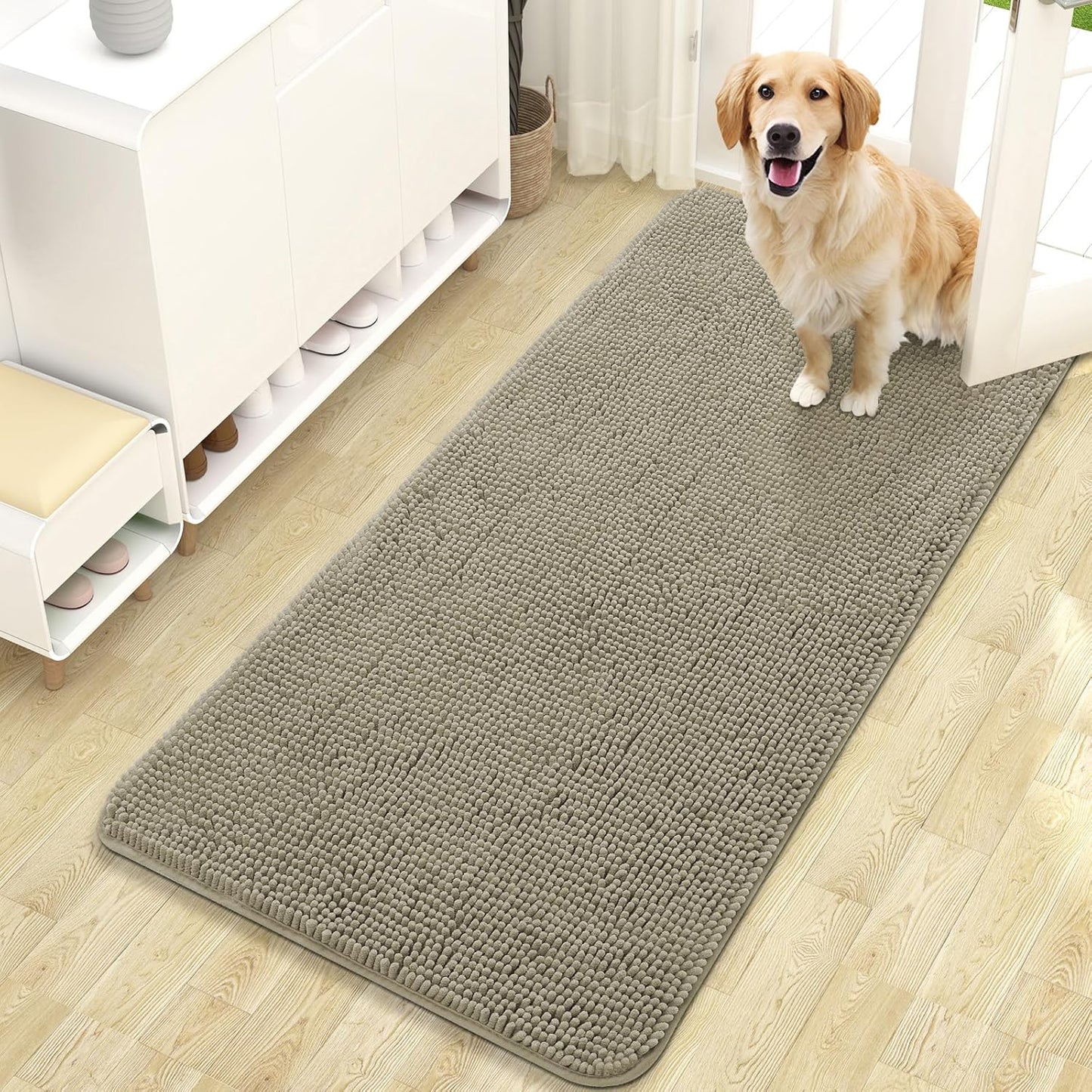 OLANLY Dog Door Mat - Absorbent Non-Slip Chenille Mat for Muddy Paws | 47x24 Inches, Warm Taupe