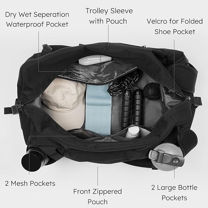 Small Gym Bag for Men with Shoes Compartment and Wet Pocket Convertible Duffle Bag and Gym Backpack Waterproof Sports Bag with 2 Bottle Holders Weekender Overnight Bag - Black