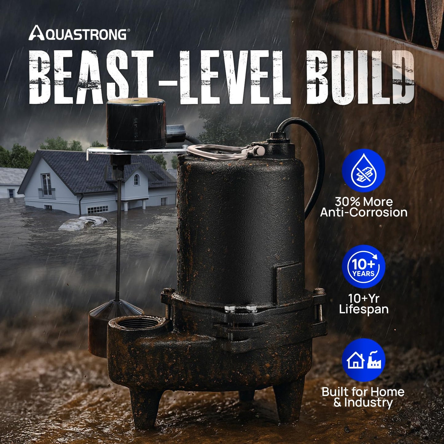 Aquastrong Cast Iron Sewage Pump 1/2HP Effluent Pump 220V 6030 GPH Sump Pump with Vertical Float Switch, Ideal for Basement Sump Pits, Industrial Wastewater - Commercial-Grade Sewage System