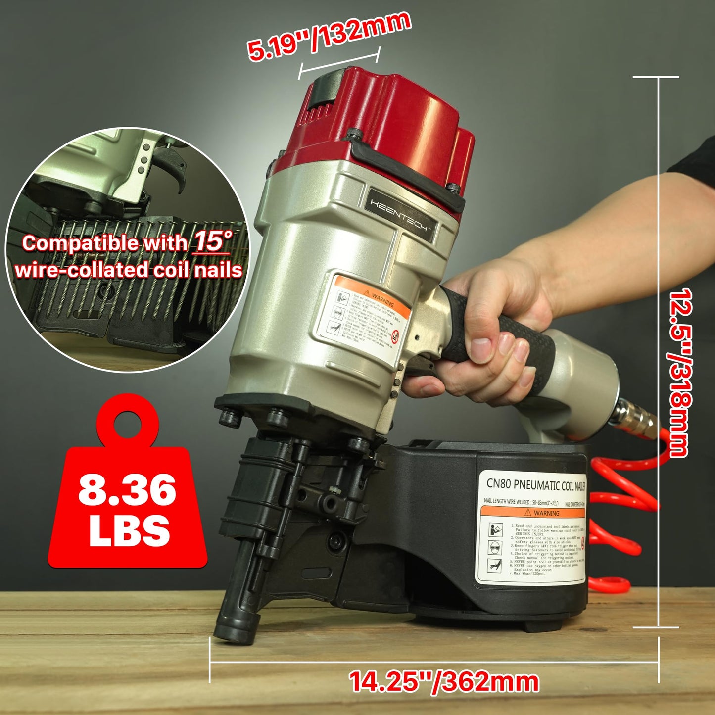 KEENTECH Pneumatic Siding Nail Gun for 2" to 3-1/4" 15-Degree Nails, Coil Siding Nailer with Bump Firing for Fast Nailing Speed, Coil Nail Gun for Pallet, Siding, Crating, Decking, Framing, CN80