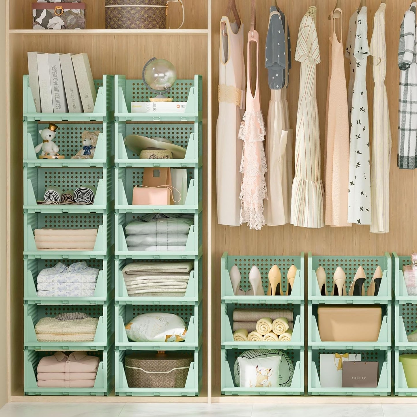 Stackable Plastic Storage Drawers - Closet Organizer with Open Bins for Clothes | 5-Drawer Set in Green