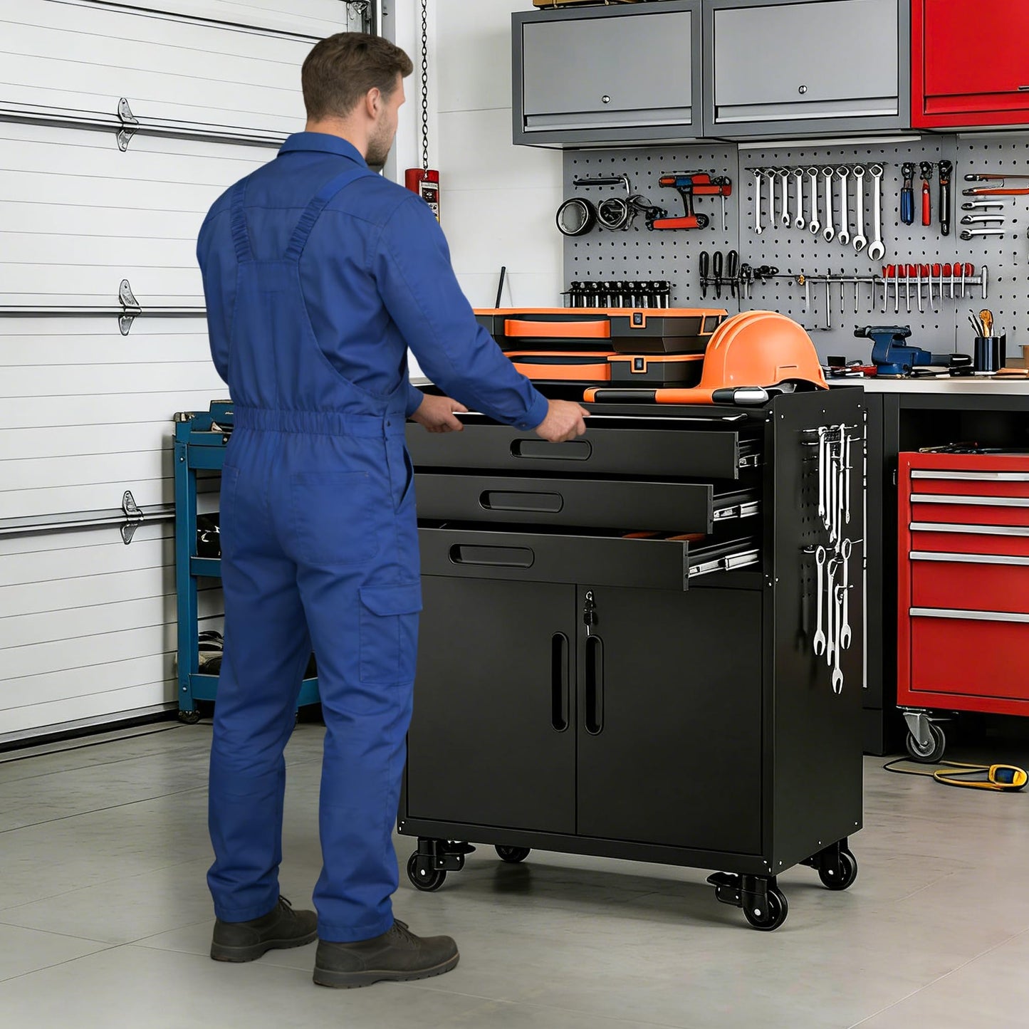 OPTYMIRA Metal Mobile Tool Storage Cabinet with 2 Locking Doors and 3 Drawers,Black Heavy Duty Rolling Tool Cabinets for Garage,Metal Storage Cabinets with Wheels and Pegboard,Assembly Required