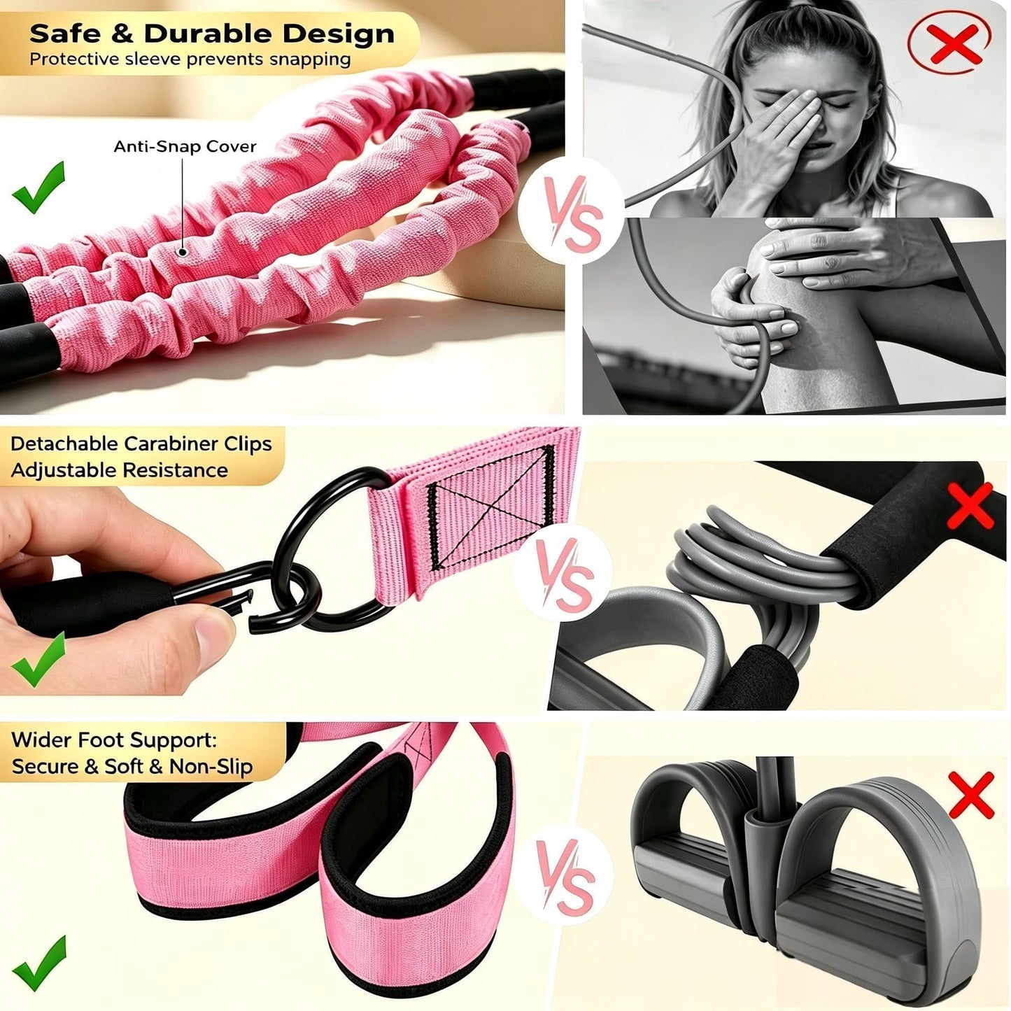 Pedal Resistance Band with Handle, 4 Fabric Covered Tubes 10-90 lbs Exercise Bands with Ankle Straps, Includes Massage Roller & Carry Bag, Full Body Home Gym Workout Equipment for Women and Men