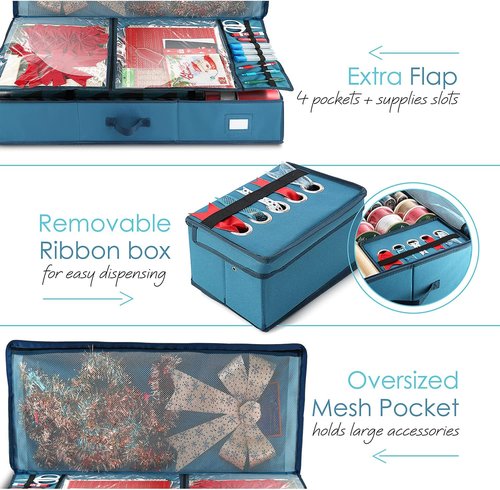 Hearth & Harbor Wrapping Paper Storage Container - Christmas Gift Wrap Organizer with Ribbon Dispenser | Holds 26 Rolls, Blue
