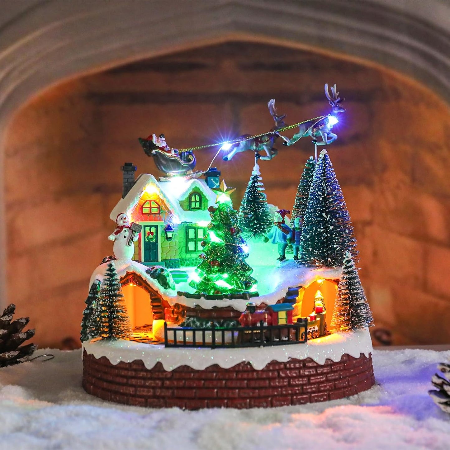 Vipush Christmas Village House Decorations - Resin Train Set with LED Lights & 8 Holiday Songs | Flying Santa Figurines