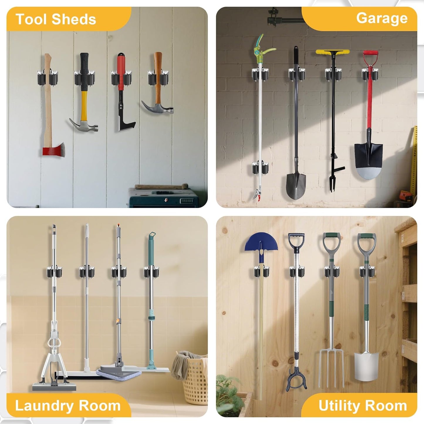 Skiennix Broom Holder Wall Mount - 3 Pack with Star Shaped Rubber Rollers & Durable Nickel Plated Brackets for Garden Tool Organization