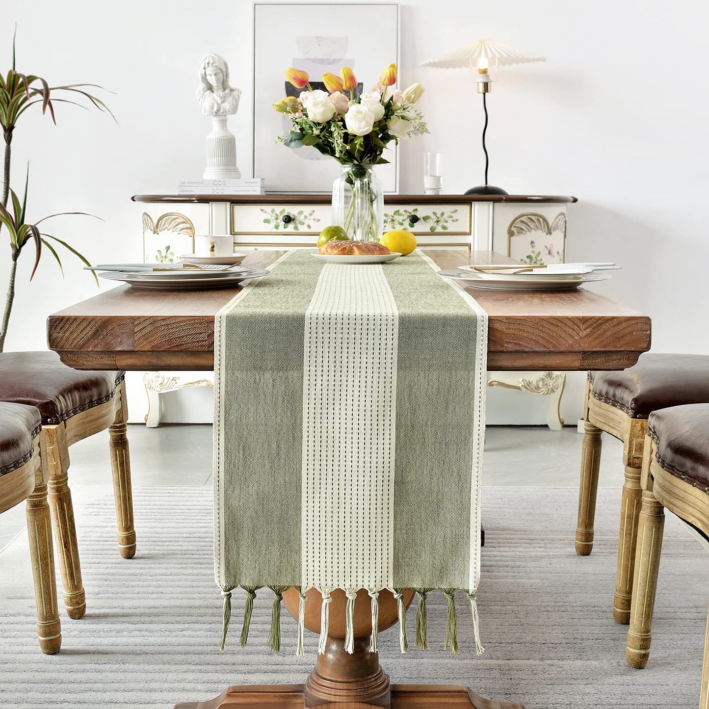 Wracra Linen Table Runner, Farmhouse Macrame Table Runners 108 Inches Long for Dining Table Decor, Wedding, Party and Dresser Decor (Sage Green,108")