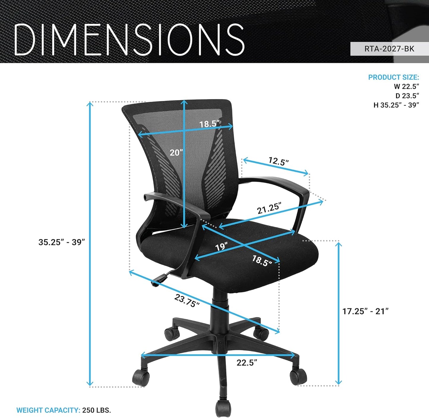 Techni Mobili Ergonomic Black Mesh Office Chair - Adjustable Height & Lumbar Support for Home Office