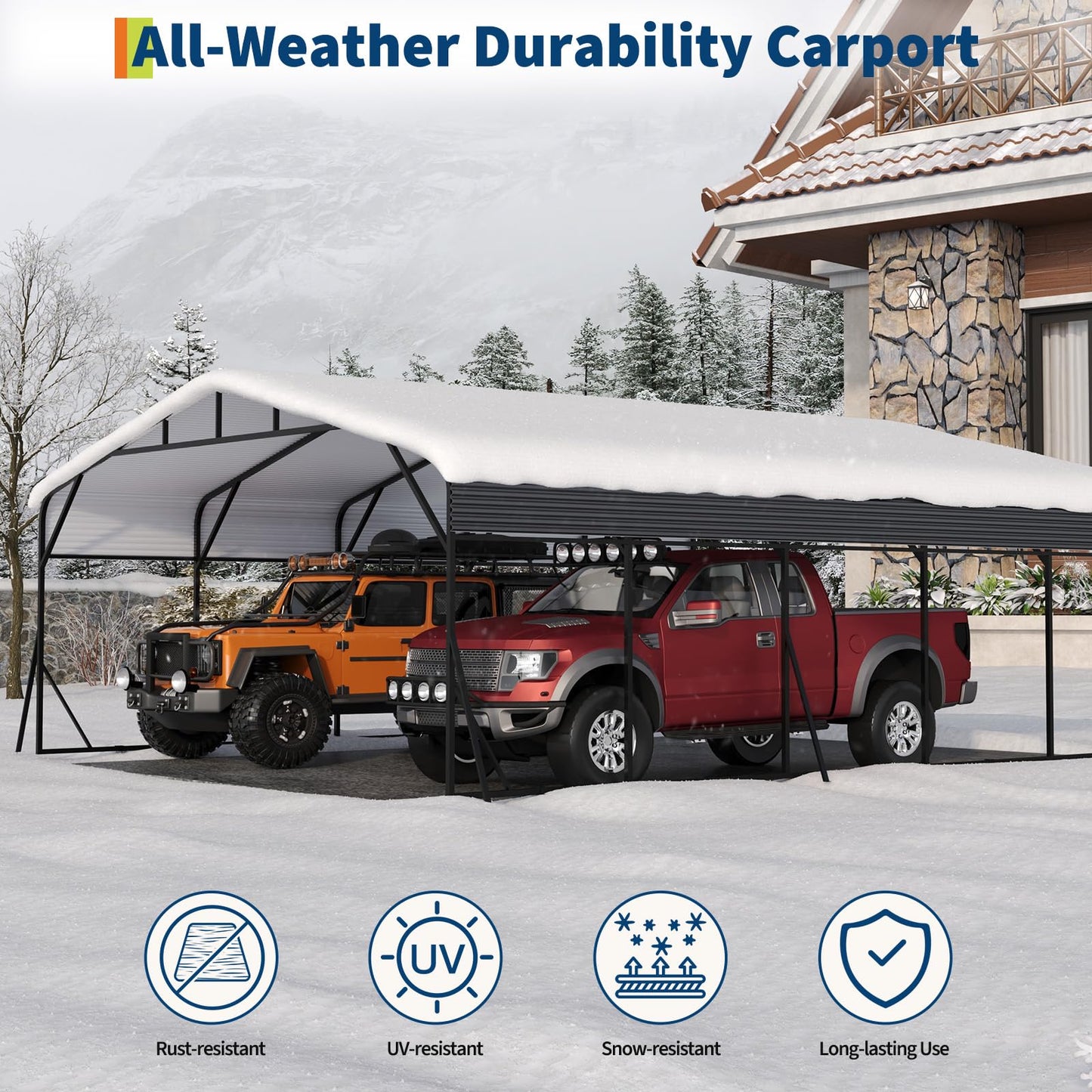 Metal Carport, Carport with Reinforced Base and Galvanized Steel Roof, Heavy Duty Garage Car Shelter Shade, Outdoor Car Port Canopy 20X25 ft