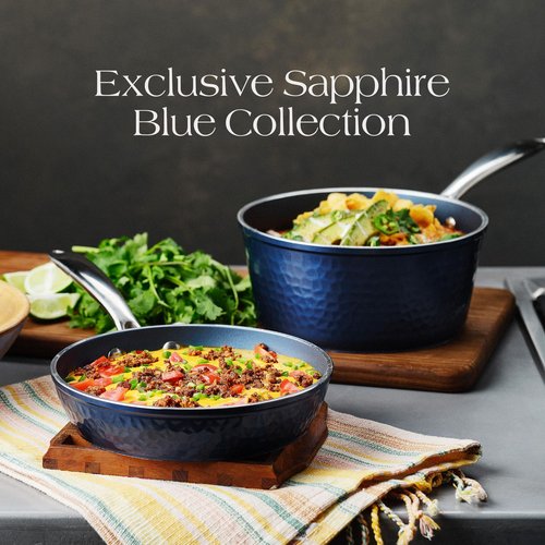 Luxurious Non-Stick Ceramic 3 Piece Blue Hammered Cookware Set, Lightweight, Scratch-Resistant, Dishwasher Safe, Oven Safe up to 500°F, Suitable for All Stove Types