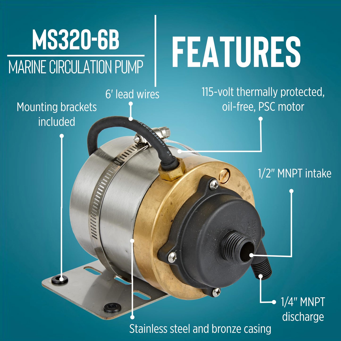 Little Giant MS320P-6B 115 Volt, 375 GPH Oil-less Stainless Steel and Bronze Direct Drive Pump for Marine Air Conditioners, 6-Ft. Plug-less Cord, Steel, 517200001