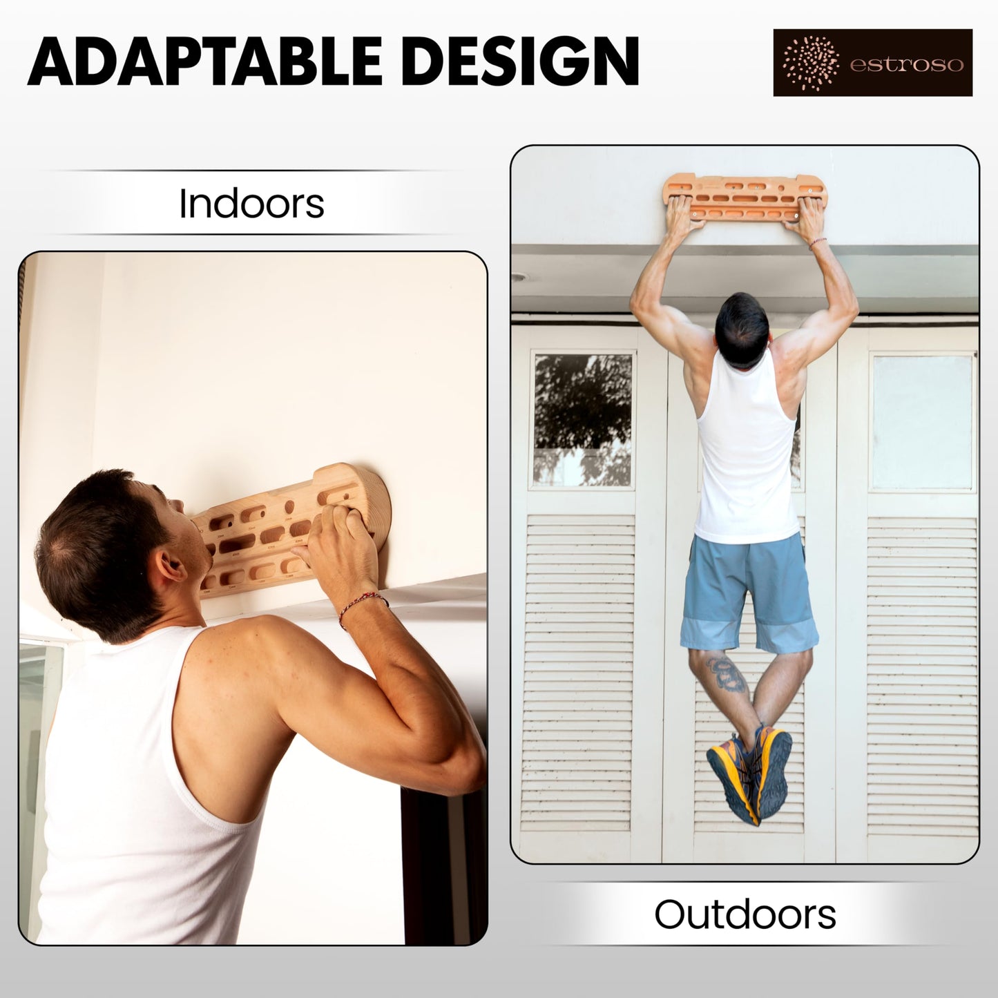 ESTROSO Wooden Hangboard - Training Hang Board with Adjustable Grip Depths, Grip Strengthener, Forearm Exerciser, Pull Ups - Climbing Fingerboard with Installation Kit