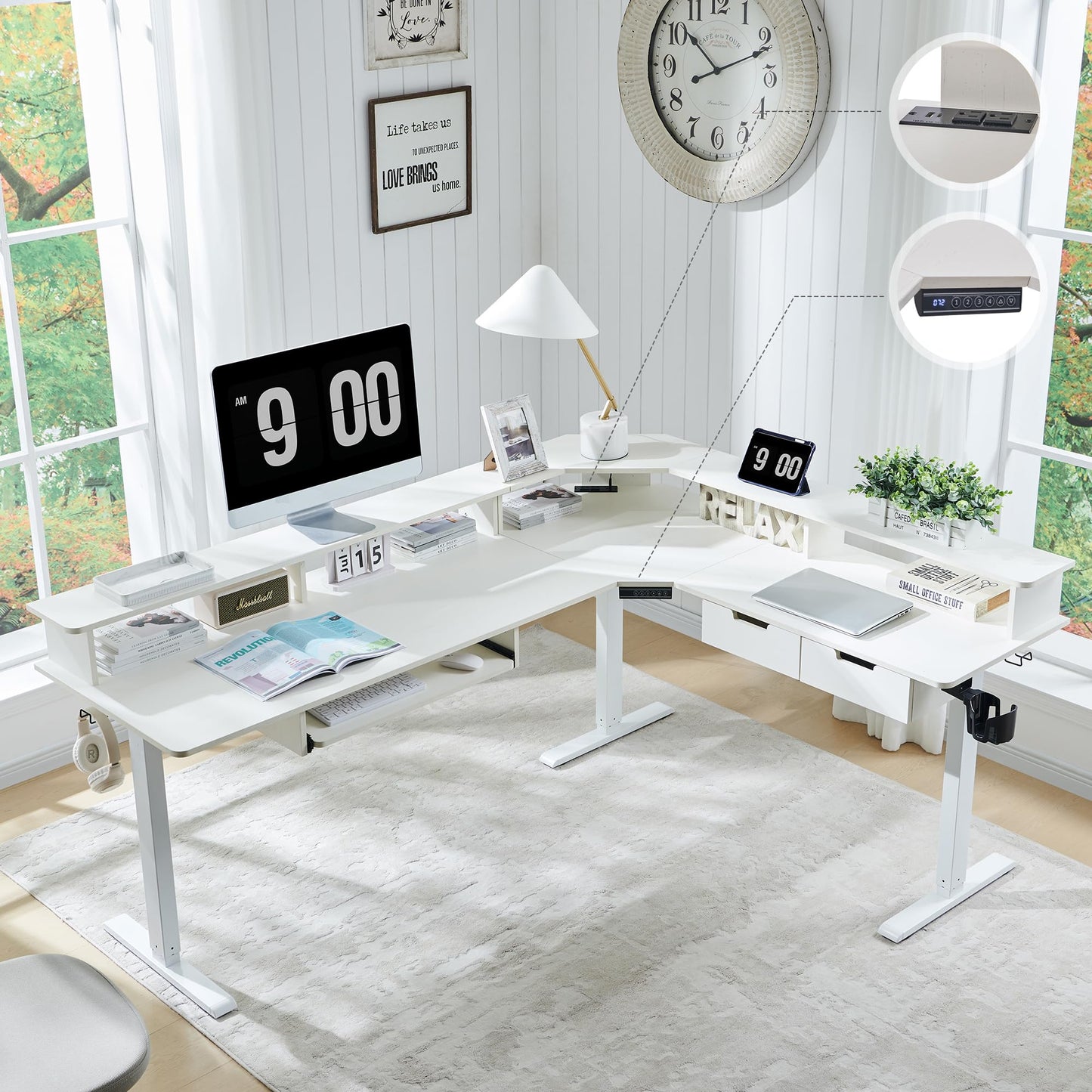 RedLemon 75X60 Inches L Shaped Electric Standing Desk, Height Adjustable Corner Gaming Desk with Drawers, Keyboard Tray, Power Outlets & LED Lights, Computer Desk with Monitor Shelf, Antique White