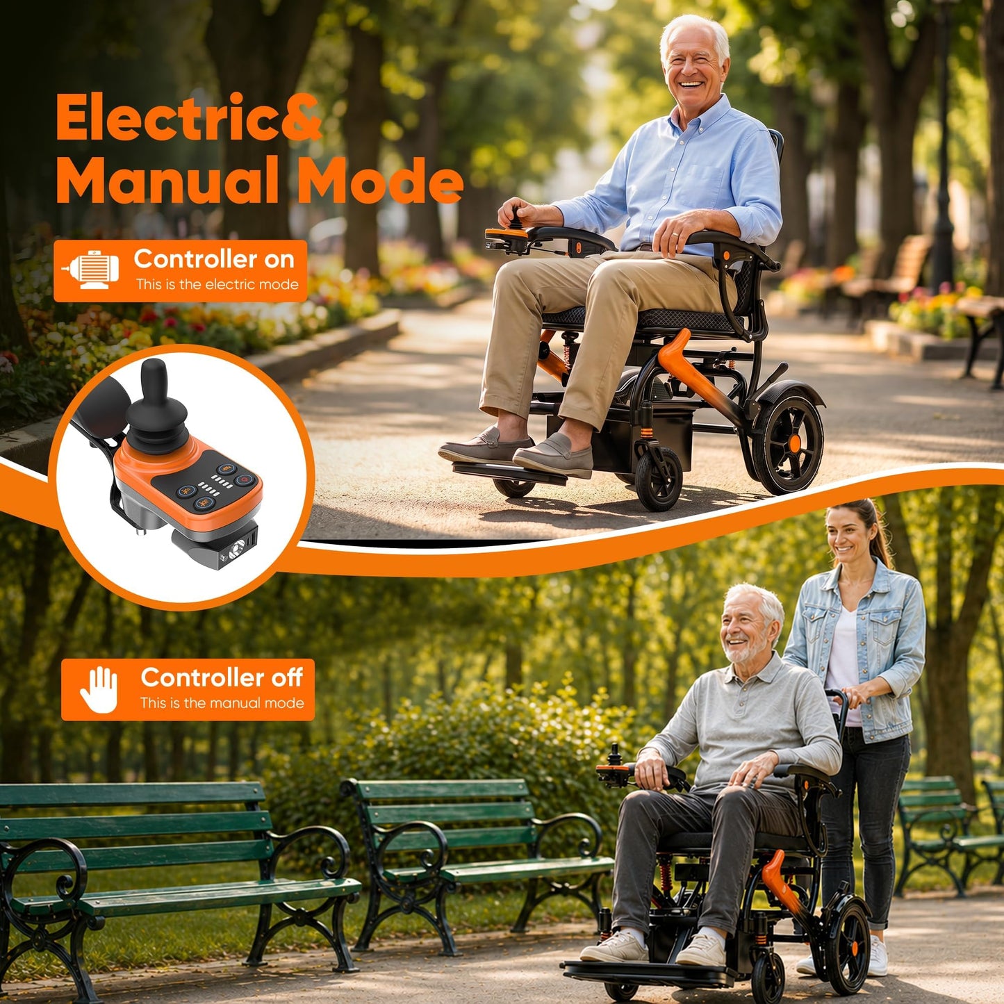 BIQISSI Electric Wheelchair for Adults, 36LBS Lightweight Electric Wheelchairs, 500W Brushless Motor Power Wheelchair, Foldable Motorized Wheelchair for Seniors, Airline Approval (Orange, 15MI)