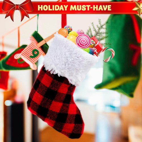JOYIN 24 PCS Mini Christmas Stockings - Red Black Plaid Holiday Decor for Trees & Parties