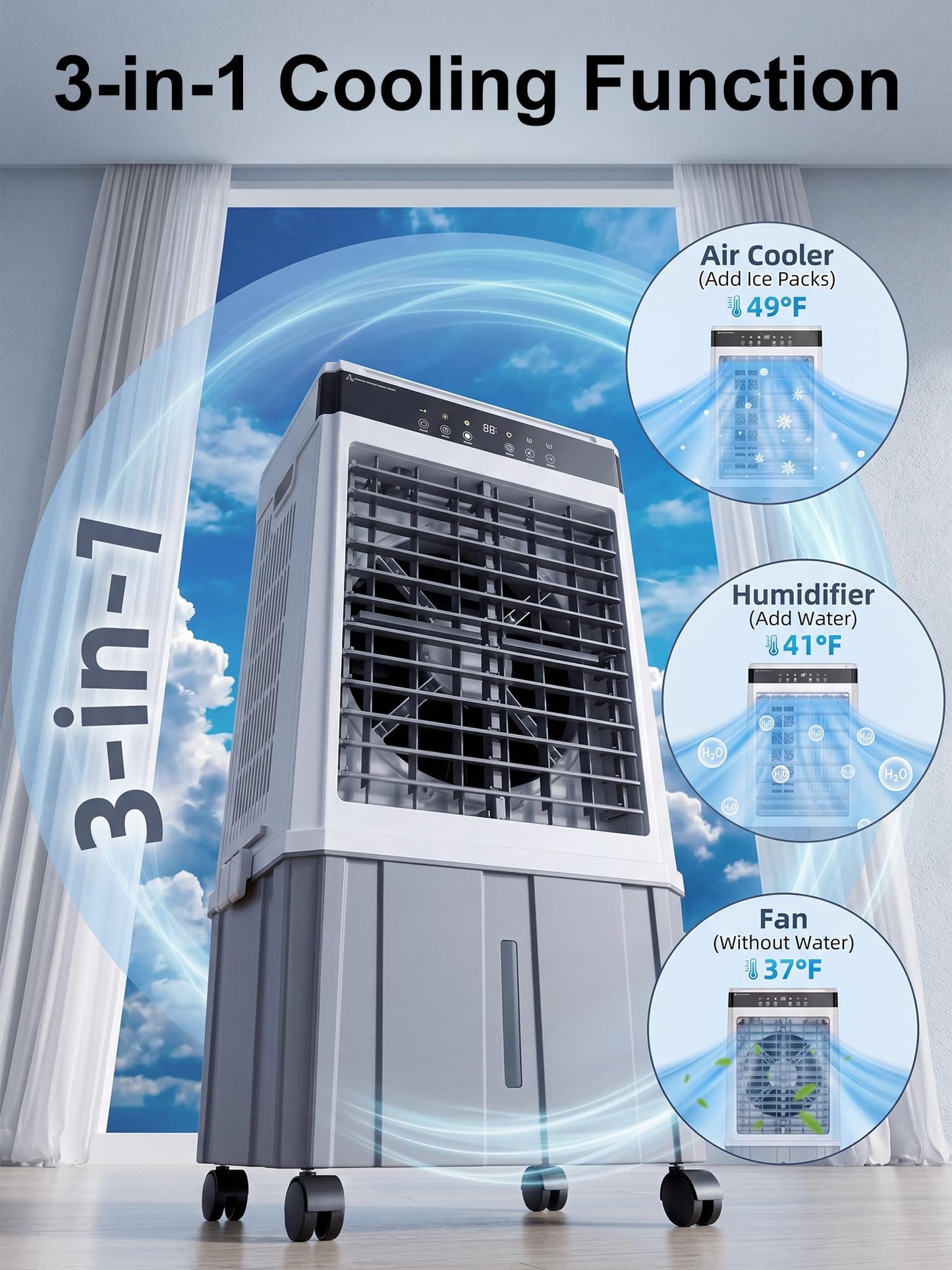 Uthfy 2026 Upgraded Swamp Cooler, 31" Evaporative Air Cooler with 6 Gal Detachable Water Tank, 3-Sided Cooling Pad, 4 Mode, 120° Oscillation, 12H Timer, Portable AC for Outdoor, Garage