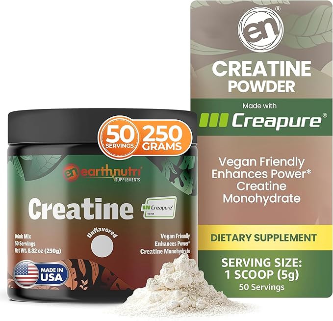 EarthNutri Creatine Monohydrate Powder - Pure Creatine Supplement for Muscle Strength, Strength & Performance – Non-GMO, Sugar-Free, Additive-Free – for Men & Women, Unflavored 250g
