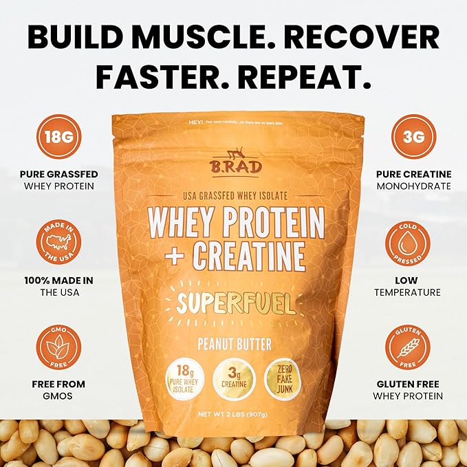 B.rad Superfuel - Grass Fed Whey Protein Isolate Boosted with Creatine | Farm-Fresh, Easy-to-Digest, Clean Ingredients | 2 Pounds | 100% USA Sourced | Peanut Butter