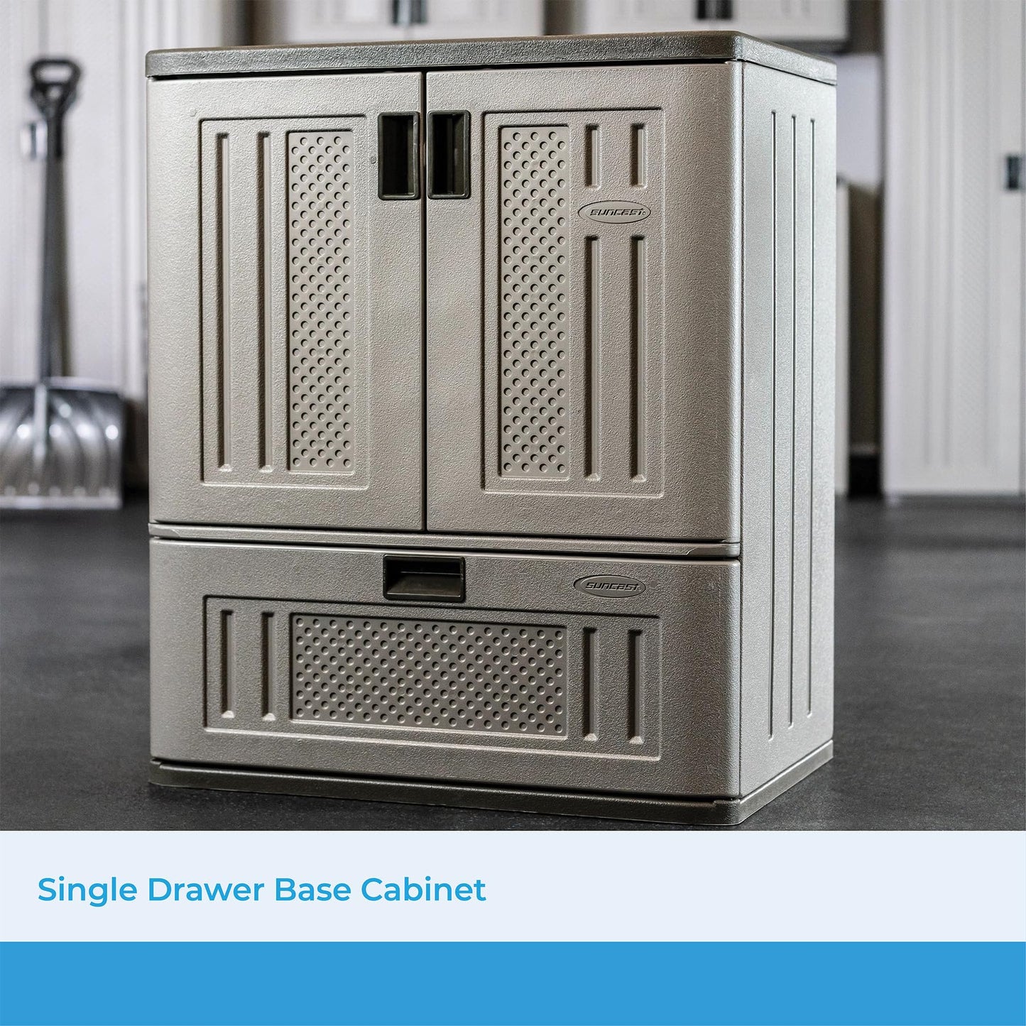 Suncast Base Storage Cabinet with Drawer for Garage Organization - Lockable Single-Drawer Organizer with Shelf for Garden Supplies, Paint Cans & Outdoor Tools, Multi-Wall Resin Construction, Platinum