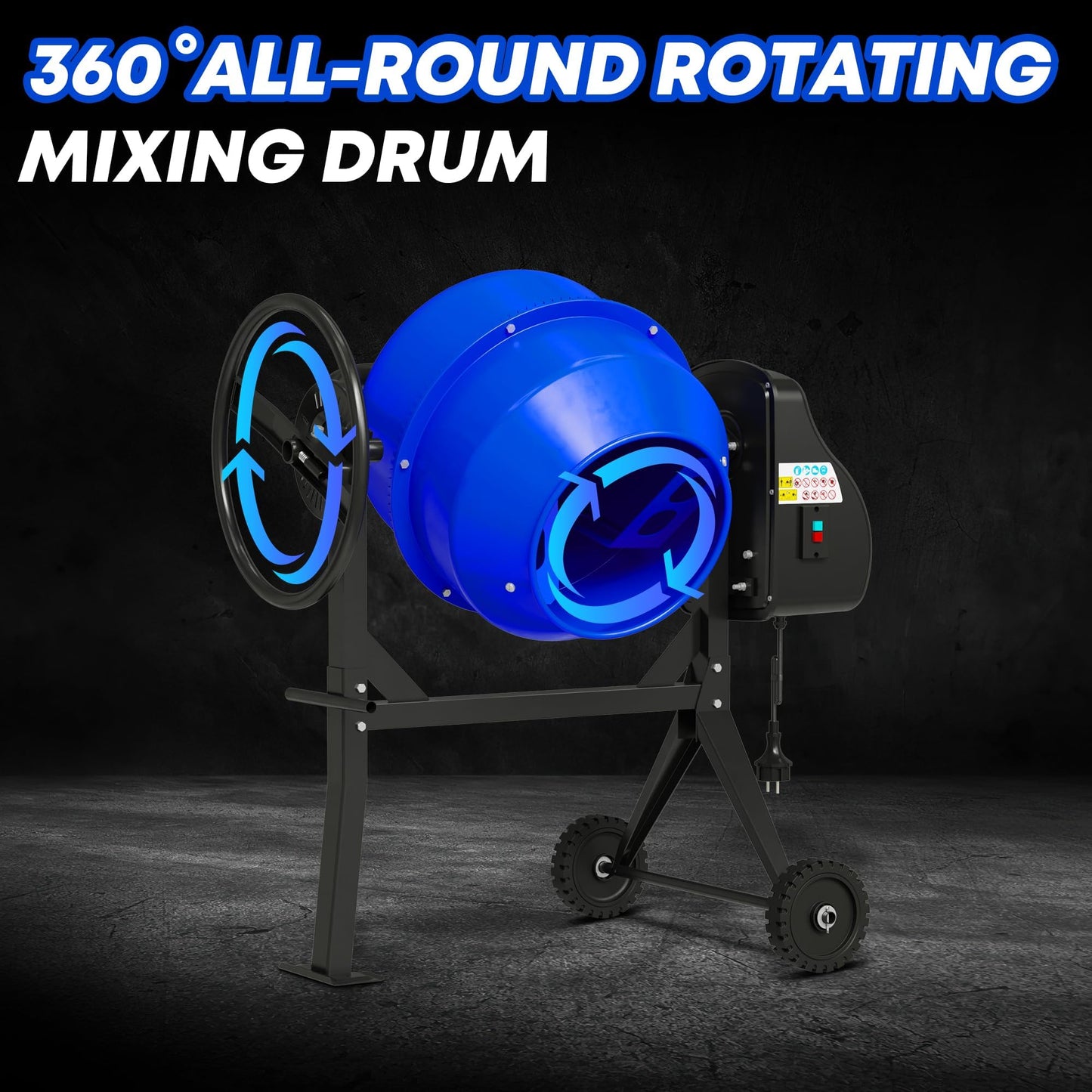 SILVEL Electric Cement Mixer, 4.3 Cu.Ft.450W Portable Concrete Mixer Machine with Wheels & Stand Steel for Stucco, Mortar, Feed Mixing, Farm Use, Blue