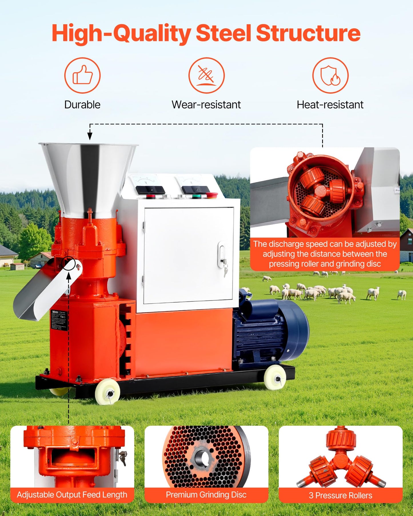 VEVOR Feed Pellet Mill Machine, 6 mm Animal Feed Pellet Making Machine, 3KW 240V Animal Food Granulator Mill Machines with 3 Pressure Rollers & 4 Wheels, Ideal for Poultry, Livestock, Farm Animals