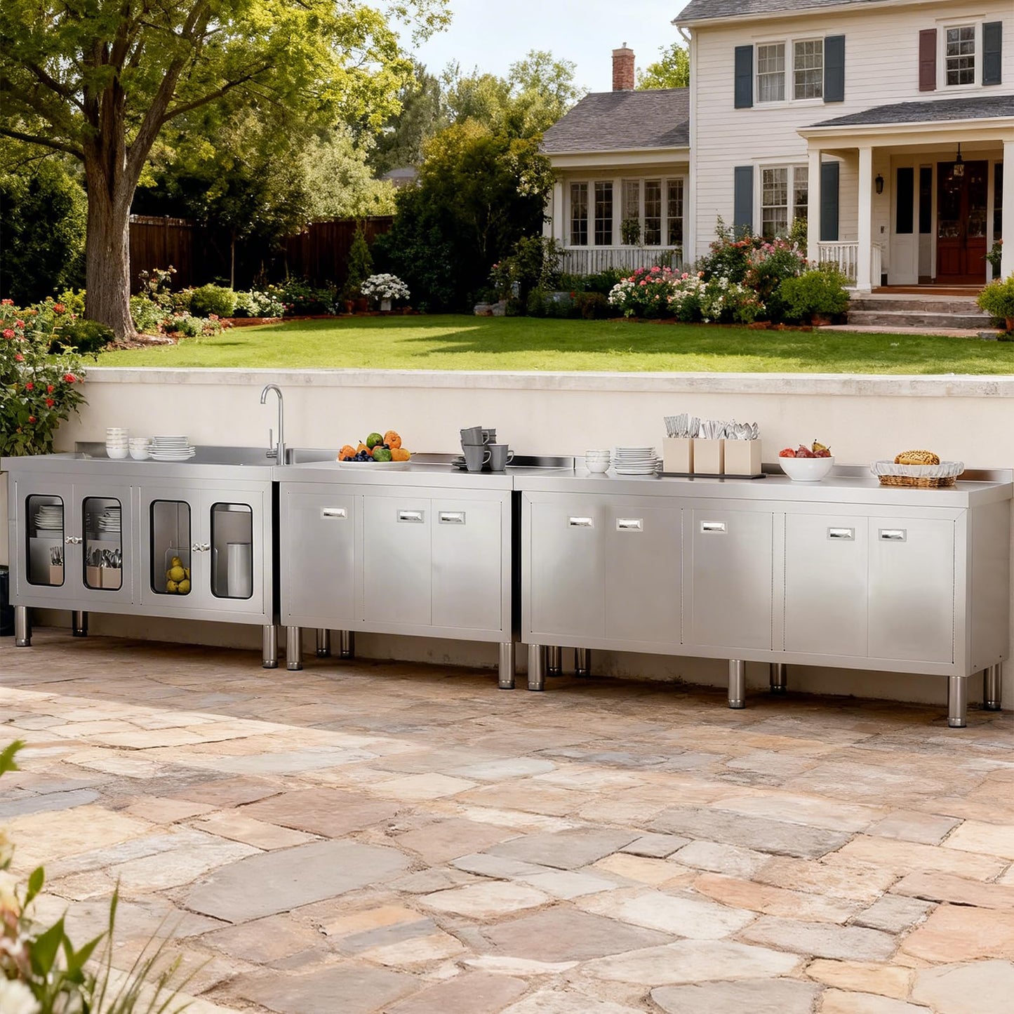 59" Stainless Steel Sink with Cabinet, Utility Sink with 304 Stainless Steel Worktop and 4 Transparent Doors, Commercial Kitchen Sink for Outdoor Restaurant Cafe Garage and Laundry Room