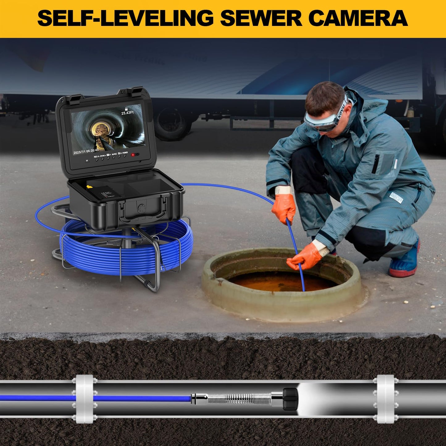 Anysun Self-Leveling Sewer Camera with Distance Counter, 0.28in/7mm Diameter 165ft Cable, 9'' 1080P IPS Screen, Pipe Inspection Camera with DVR Recording-32GB