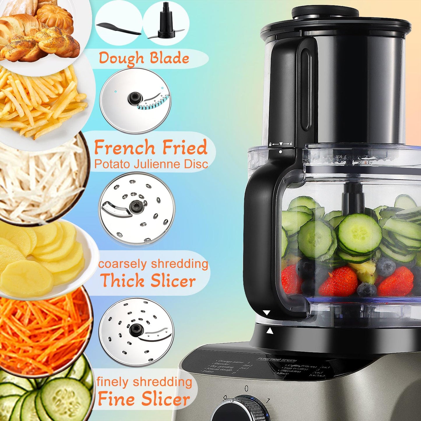 11 in 1 Food Processor Blender Combo,51oz Juice Blender, large Chute 14cup Food Processor,blenders kitchen for Chopping/Mixing/Mincing/Slicing/Shredding/Purees & Dough, safety lock 600W