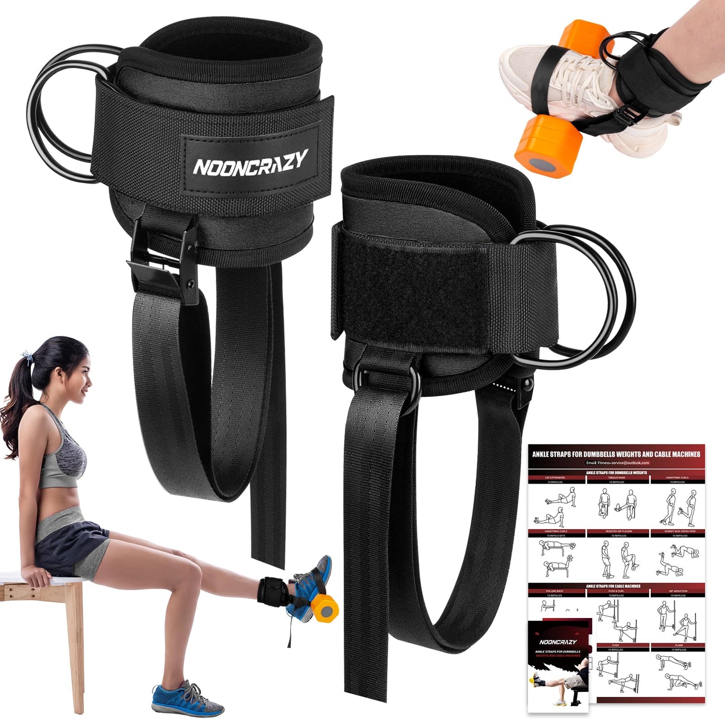 nooncrazy Ankle Straps for Dumbbell and Cable Machine, Dumbbell Foot Attachment with Longer Stronger Nylon Strap, Tibialis Trainer, Leg Extensions, Hamstring Curls for Women and Men(Black Double)