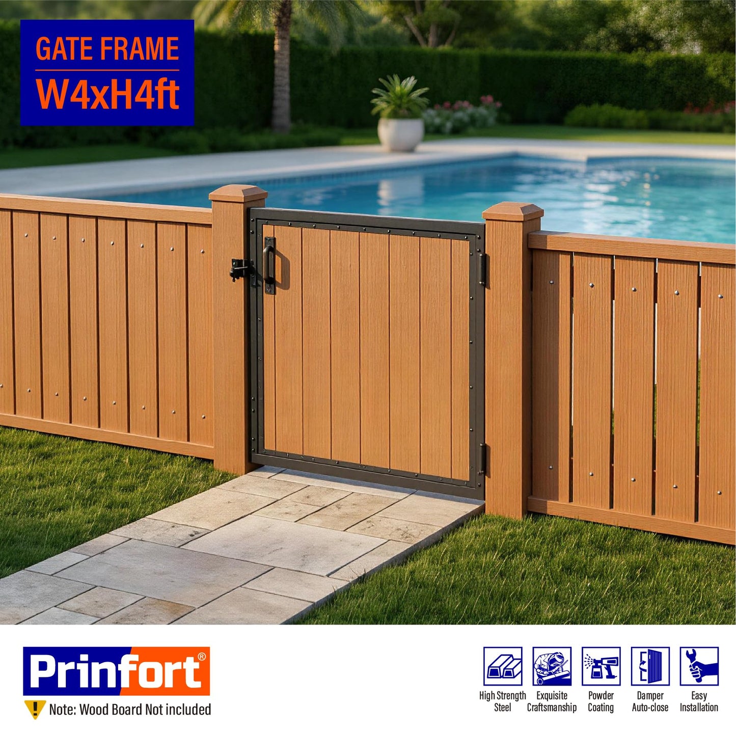Prinfort 4x4FT (46.78"W X 47.2"H) 201 Stainless Steel Anti Sag Wooden Fence Gate Kit Heavy Duty Garden Gate Frame Hardware Kit Reinforcement (Left/Right Free-Installation)