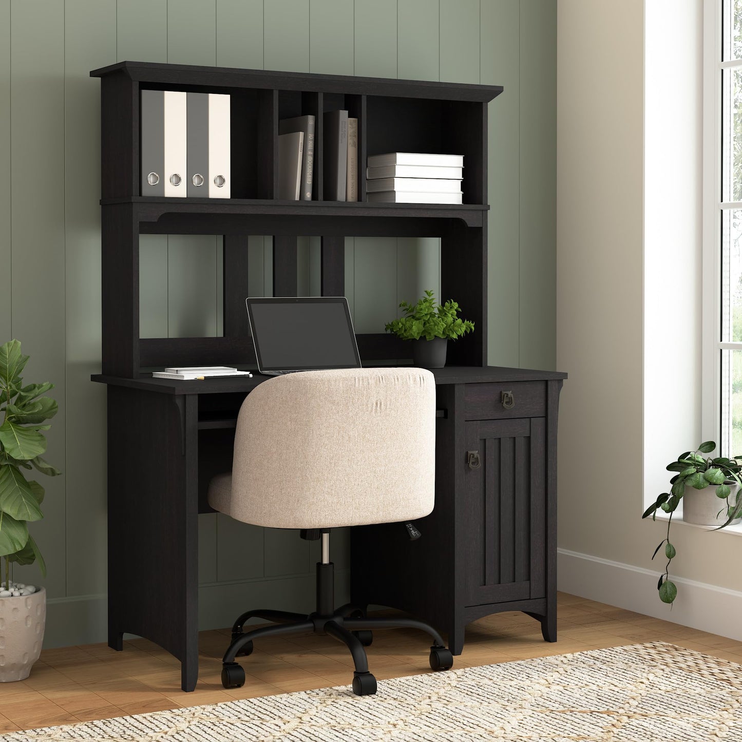 Bush Home Salinas Computer Desk with Hutch | Study Table with Drawers, Cabinets & Pullout Keyboard/Laptop Tray | Modern Home Office Desk in Vintage Black | Work Desk with Storage