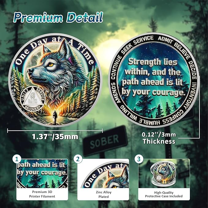 One Day at a Time 60 Day Sobriety Coin - Recovery Aurora Forest Wolf AA Coins - Addiction NA AA Chips and Medallions - Celebrate 1-30 Living Clean Sober Alcoholics Anonymous Gifts for Men Women
